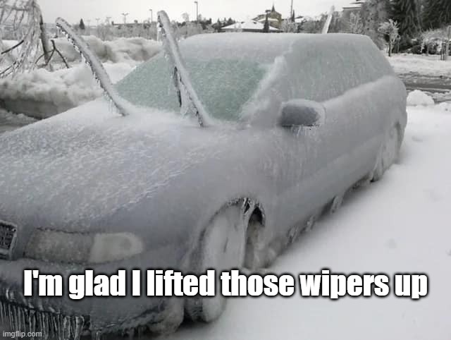 Wipers up! | I'm glad I lifted those wipers up | image tagged in frozen car,winter | made w/ Imgflip meme maker