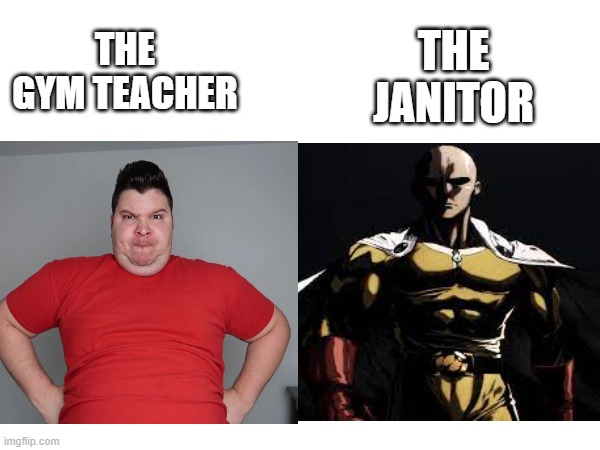 this is so funny | THE JANITOR; THE GYM TEACHER | image tagged in memes,unfunny,skewl | made w/ Imgflip meme maker