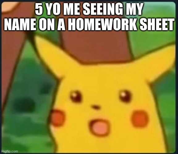 true | 5 YO ME SEEING MY NAME ON A HOMEWORK SHEET | image tagged in surprised pikachu,school,homework | made w/ Imgflip meme maker