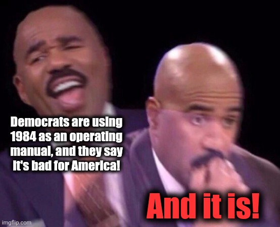 Steve Harvey Laughing Serious | Democrats are using
1984 as an operating manual, and they say
it's bad for America! And it is! | image tagged in steve harvey laughing serious | made w/ Imgflip meme maker