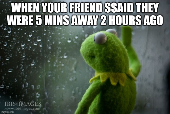 kermit window | WHEN YOUR FRIEND SSAID THEY WERE 5 MINS AWAY 2 HOURS AGO | image tagged in kermit window | made w/ Imgflip meme maker