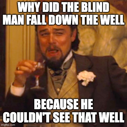 Laughing Leo | WHY DID THE BLIND MAN FALL DOWN THE WELL; BECAUSE HE COULDN'T SEE THAT WELL | image tagged in memes,laughing leo | made w/ Imgflip meme maker