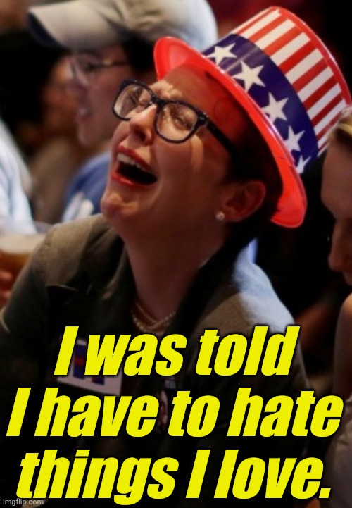 I was told I have to hate things I love. | image tagged in liberals democrats lgbtq blm antifa criminals | made w/ Imgflip meme maker