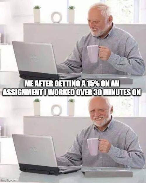 true story | ME AFTER GETTING A 15% ON AN ASSIGNMENT I WORKED OVER 30 MINUTES ON | image tagged in memes,hide the pain harold | made w/ Imgflip meme maker