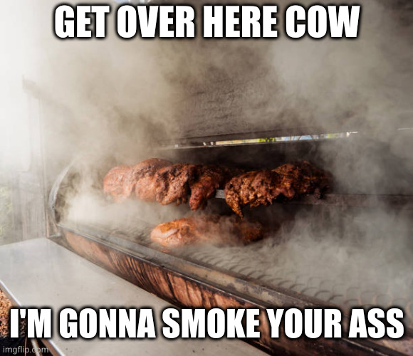 He went for the round but hit low and shanked it | GET OVER HERE COW; I'M GONNA SMOKE YOUR ASS | image tagged in beef,smoked | made w/ Imgflip meme maker