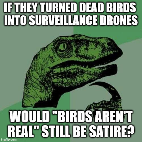 Asking for a friend | IF THEY TURNED DEAD BIRDS 
INTO SURVEILLANCE DRONES; WOULD "BIRDS AREN'T REAL" STILL BE SATIRE? | image tagged in memes,philosoraptor | made w/ Imgflip meme maker