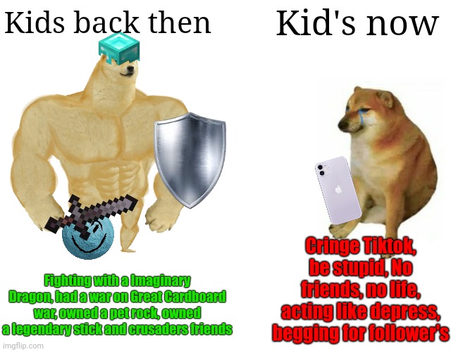 Kid's Then vs Now | Kid's now; Kids back then; Cringe Tiktok, be stupid, No friends, no life, acting like depress, begging for follower's; Fighting with a Imaginary Dragon, had a war on Great Cardboard war, owned a pet rock, owned a legendary stick and crusaders friends | image tagged in memes,buff doge vs cheems | made w/ Imgflip meme maker