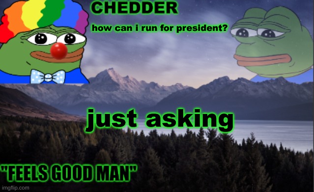pepe the frog- made bt chedder | how can i run for president? just asking | image tagged in pepe the frog- made bt chedder | made w/ Imgflip meme maker