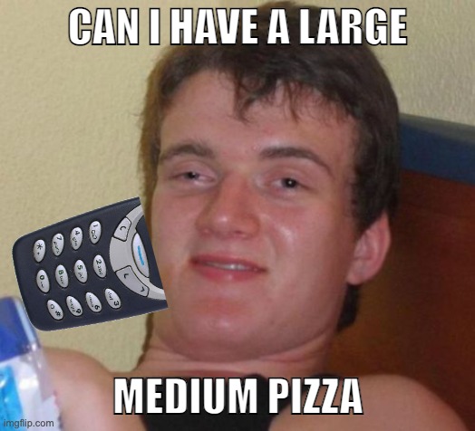 Sorry sir, tables are not a pizza ingredient. | CAN I HAVE A LARGE; MEDIUM PIZZA | image tagged in memes,10 guy | made w/ Imgflip meme maker