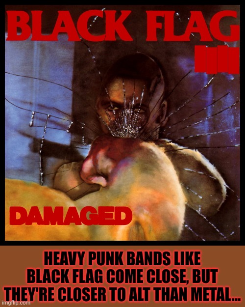 HEAVY PUNK BANDS LIKE BLACK FLAG COME CLOSE, BUT THEY'RE CLOSER TO ALT THAN METAL... | made w/ Imgflip meme maker