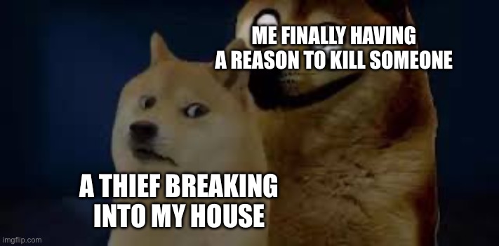 Hehe >:) | ME FINALLY HAVING A REASON TO KILL SOMEONE; A THIEF BREAKING INTO MY HOUSE | image tagged in calm doge scary doge | made w/ Imgflip meme maker