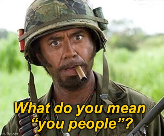 Robert Downey Jr Tropic Thunder | What do you mean 
“you people”? | image tagged in robert downey jr tropic thunder | made w/ Imgflip meme maker