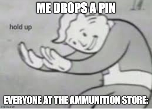 oh god is here | ME DROPS A PIN; EVERYONE AT THE AMMUNITION STORE: | image tagged in hol up,grenade | made w/ Imgflip meme maker