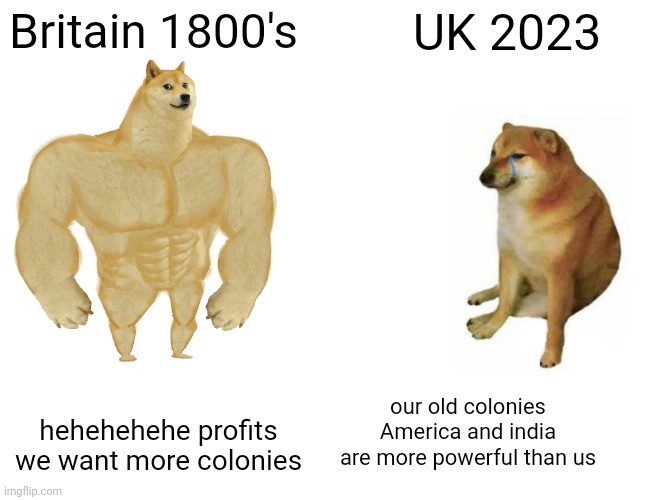 RULE BRITTANI- oh wait | Britain 1800's; UK 2023; our old colonies America and india are more powerful than us; hehehehehe profits we want more colonies | image tagged in memes,buff doge vs cheems | made w/ Imgflip meme maker