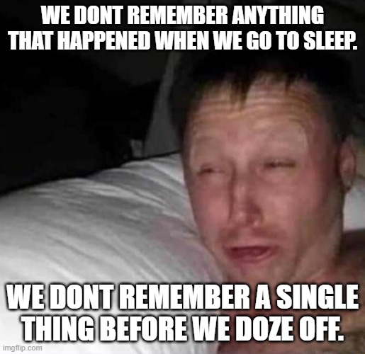 Sleepy guy | WE DONT REMEMBER ANYTHING THAT HAPPENED WHEN WE GO TO SLEEP. WE DONT REMEMBER A SINGLE THING BEFORE WE DOZE OFF. | image tagged in sleepy guy,memes,remember,brain before sleep,sleep,forgot | made w/ Imgflip meme maker