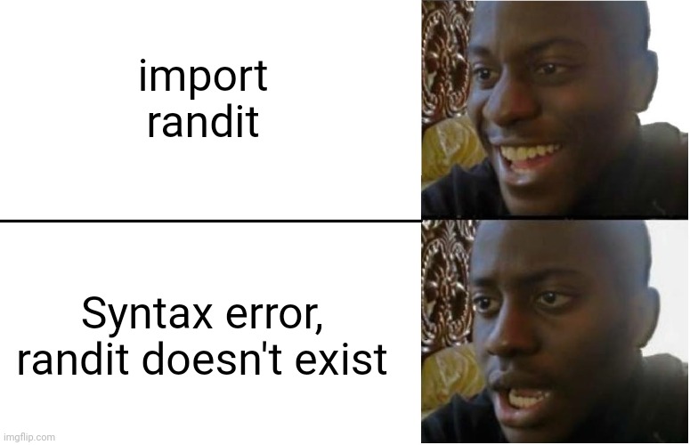 Python meme | import randit; Syntax error, randit doesn't exist | image tagged in disappointed black guy | made w/ Imgflip meme maker