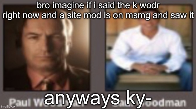 paul vs saul | bro imagine if i said the k wodr right now and a site mod is on msmg and saw it; anyways ky- | image tagged in paul vs saul | made w/ Imgflip meme maker