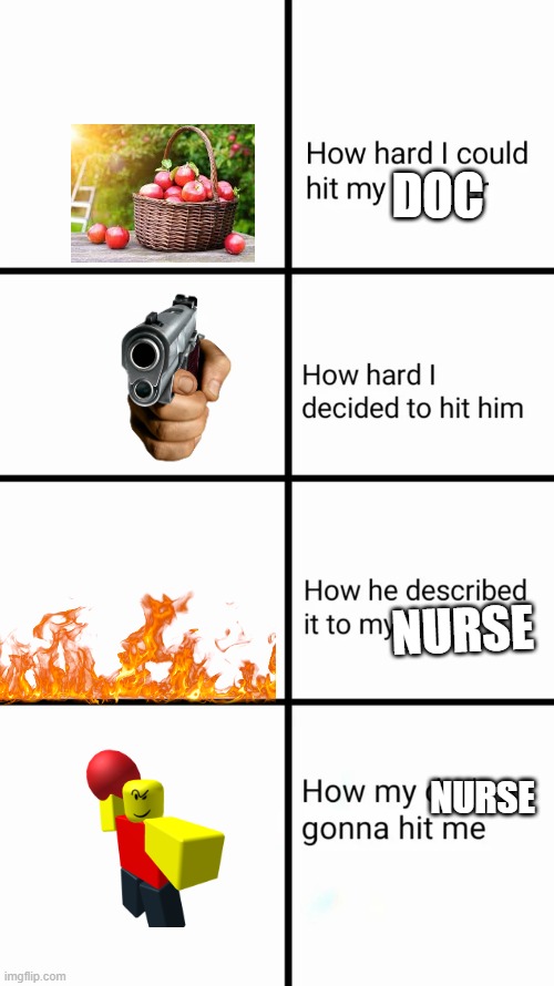 How hard I could hit my brother | DOC; NURSE; NURSE | image tagged in how hard i could hit my brother,doctor,an apple a day keeps da doc away,oh wow are you actually reading these tags | made w/ Imgflip meme maker