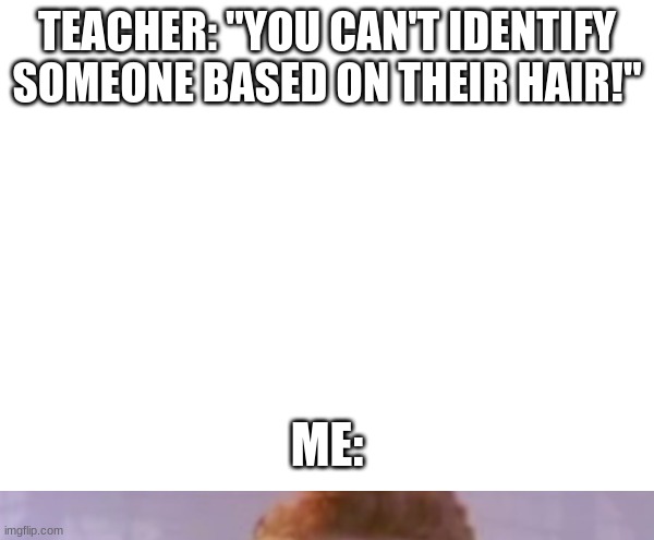 I'm sure you know who this is | TEACHER: "YOU CAN'T IDENTIFY SOMEONE BASED ON THEIR HAIR!"; ME: | image tagged in omg,bro,rick astley,rickroll | made w/ Imgflip meme maker