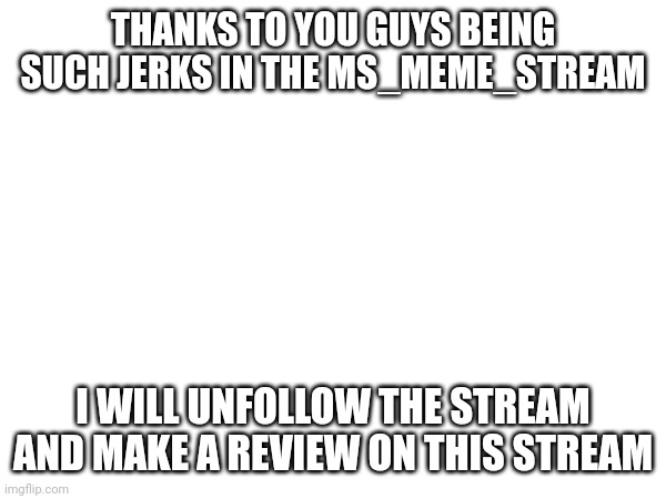 THANKS TO YOU GUYS BEING SUCH JERKS IN THE MS_MEME_STREAM; I WILL UNFOLLOW THE STREAM AND MAKE A REVIEW ON THIS STREAM | made w/ Imgflip meme maker
