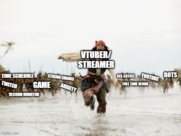 Jack Sparrow Being Chased Meme | VTUBER/ STREAMER; GFX ARTIST; BOTS; STREAM ERRORS; TIME SCHEDULE; YOUTUBE; FULL TIME WORK; GAME; TWITCH; ANXIETY; SECOND MONITOR | image tagged in memes,jack sparrow being chased | made w/ Imgflip meme maker