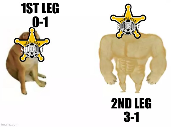 Partizan - Sheriff 1-3 | 1ST LEG
0-1; 2ND LEG
3-1 | image tagged in buff doge vs cheems reversed,sheriff,partizan,conference league,futbol,memes | made w/ Imgflip meme maker