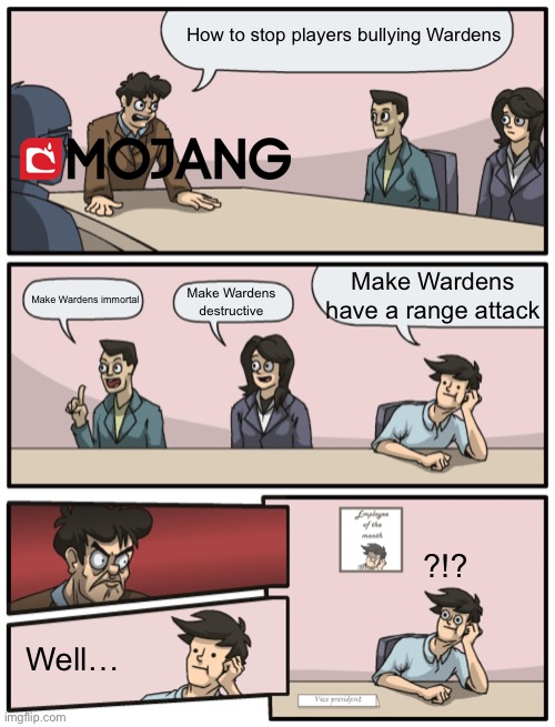 Wardens became more dangerous be like | How to stop players bullying Wardens; Make Wardens have a range attack; Make Wardens destructive; Make Wardens immortal; ?!? Well… | image tagged in boardroom meeting unexpected ending | made w/ Imgflip meme maker