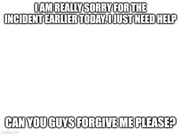 Im really sorry... | I AM REALLY SORRY FOR THE INCIDENT EARLIER TODAY. I JUST NEED HELP; CAN YOU GUYS FORGIVE ME PLEASE? | made w/ Imgflip meme maker