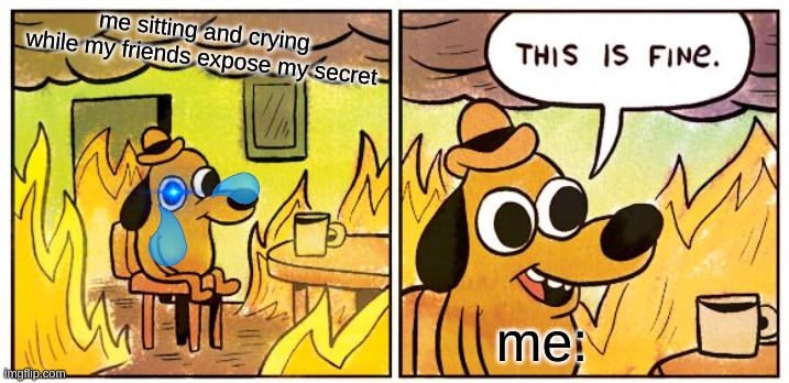 This Is Fine | me sitting and crying while my friends expose my secret; me: | image tagged in memes,this is fine | made w/ Imgflip meme maker