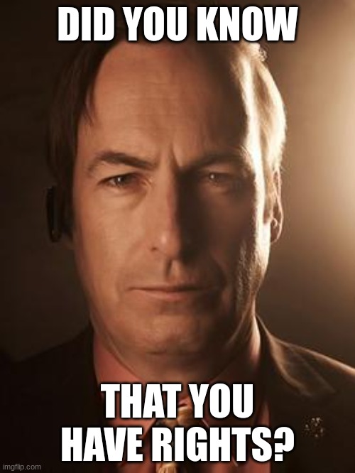 Saul Goodman | DID YOU KNOW; THAT YOU HAVE RIGHTS? | image tagged in saul goodman | made w/ Imgflip meme maker