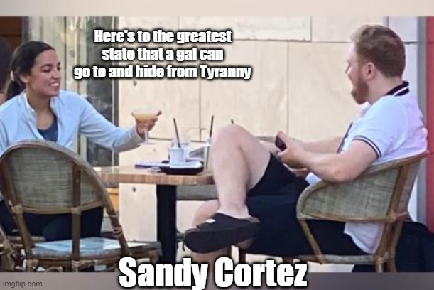 Here's to the greatest state that a gal can go to and hide from Tyranny Sandy Cortez | made w/ Imgflip meme maker