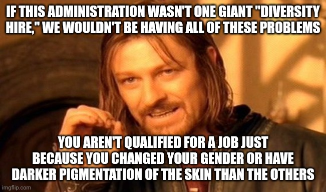 Let's keep focusing on "inclusion" instead of actual qualifications and see where this takes us. I already know the answer. | IF THIS ADMINISTRATION WASN'T ONE GIANT "DIVERSITY HIRE," WE WOULDN'T BE HAVING ALL OF THESE PROBLEMS; YOU AREN'T QUALIFIED FOR A JOB JUST BECAUSE YOU CHANGED YOUR GENDER OR HAVE DARKER PIGMENTATION OF THE SKIN THAN THE OTHERS | image tagged in memes,one does not simply | made w/ Imgflip meme maker