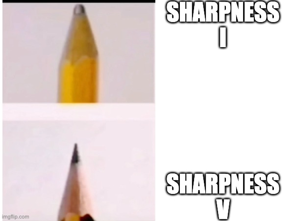 SHARPNESS I; SHARPNESS V | image tagged in minecraft memes | made w/ Imgflip meme maker