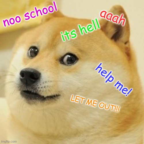 Doge | noo school; aaah; its hell; help me! LET ME OUT!!! | image tagged in memes,doge | made w/ Imgflip meme maker