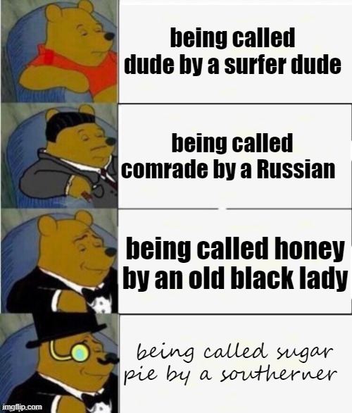 nothing better also, was inpired not copied | being called dude by a surfer dude; being called comrade by a Russian; being called honey by an old black lady; being called sugar pie by a southerner | image tagged in tuxedo winnie the pooh 4 panel,inspire,sugar pie,southern | made w/ Imgflip meme maker