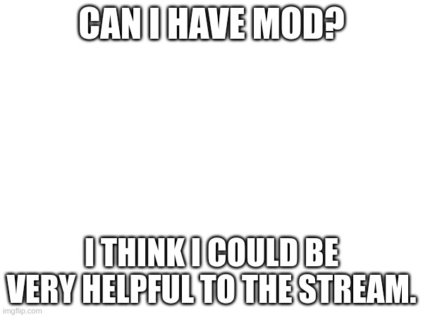 Mod? | CAN I HAVE MOD? I THINK I COULD BE VERY HELPFUL TO THE STREAM. | image tagged in memes,blank white template | made w/ Imgflip meme maker