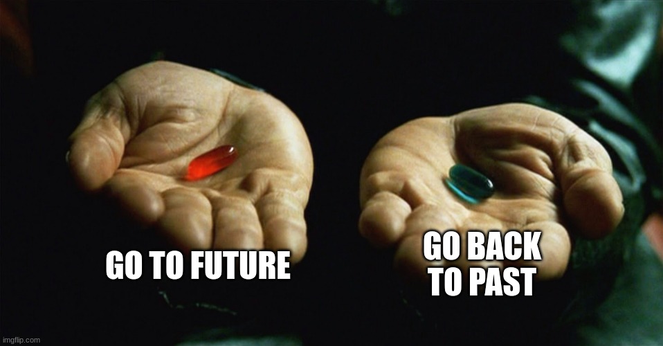 Red pill blue pill | GO TO FUTURE; GO BACK TO PAST | image tagged in red pill blue pill | made w/ Imgflip meme maker