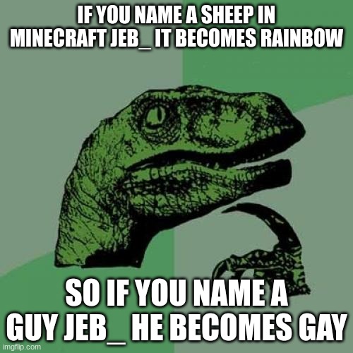 ggggj | IF YOU NAME A SHEEP IN MINECRAFT JEB_ IT BECOMES RAINBOW; SO IF YOU NAME A GUY JEB_ HE BECOMES GAY | image tagged in memes,philosoraptor | made w/ Imgflip meme maker