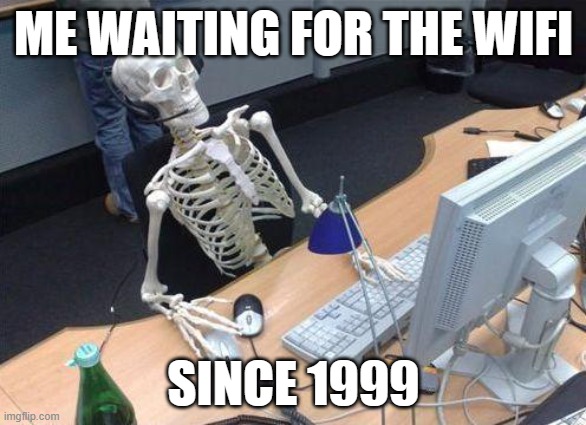 the wifi slow af | ME WAITING FOR THE WIFI; SINCE 1999 | image tagged in waiting skeleton pc,wifi drops | made w/ Imgflip meme maker