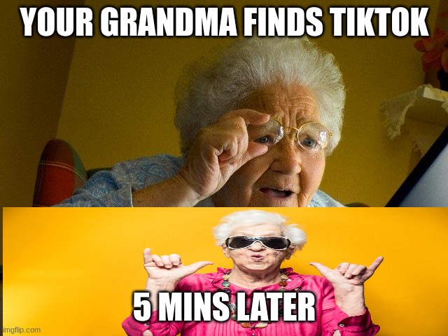 Grandma's tiktok | YOUR GRANDMA FINDS TIKTOK; 5 MINS LATER | image tagged in memes,grandma finds the internet | made w/ Imgflip meme maker