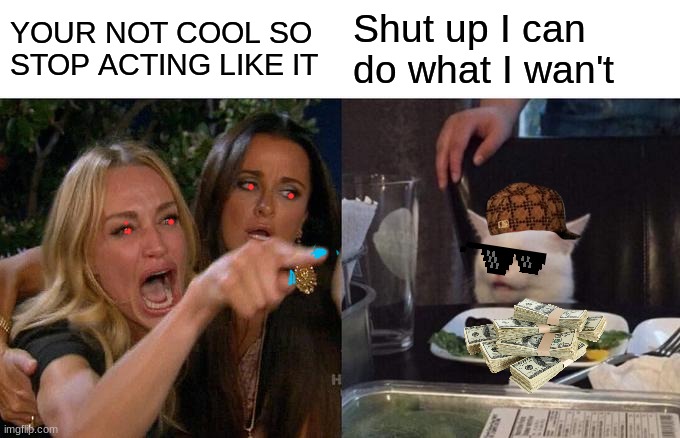 Woman Yelling At Cat | YOUR NOT COOL SO STOP ACTING LIKE IT; Shut up I can do what I wan't | image tagged in memes,woman yelling at cat | made w/ Imgflip meme maker