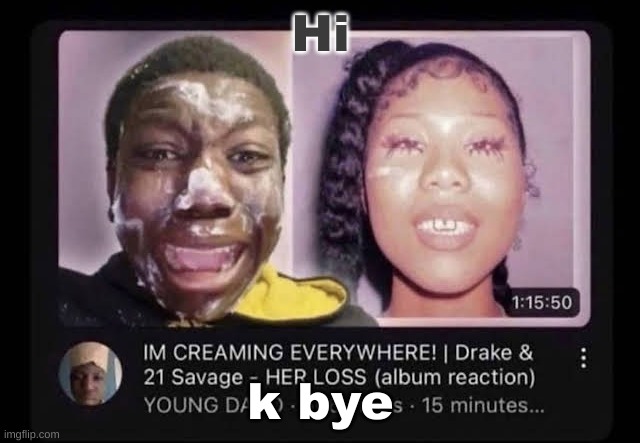 cream | Hi; k bye | image tagged in cream | made w/ Imgflip meme maker