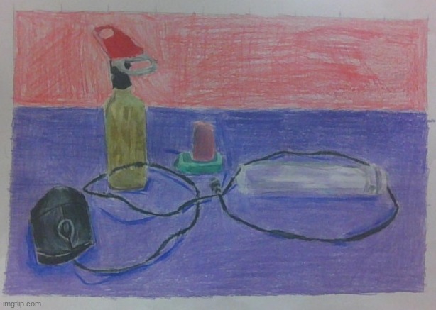 This is my finished still life that I drew in Draw 1 class! | image tagged in drawing,still life,bottle,bottle opener,eraser,mouse | made w/ Imgflip meme maker