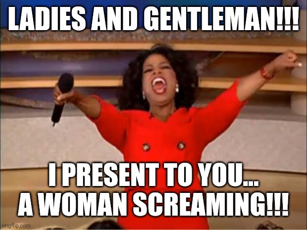 Oprah You Get A Meme | LADIES AND GENTLEMAN!!! I PRESENT TO YOU... A WOMAN SCREAMING!!! | image tagged in memes,oprah you get a | made w/ Imgflip meme maker
