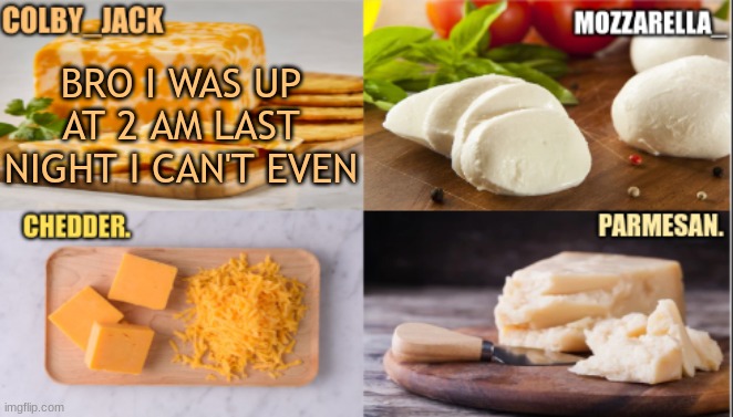 The Cheese Temp | BRO I WAS UP AT 2 AM LAST NIGHT I CAN'T EVEN | image tagged in the cheese temp | made w/ Imgflip meme maker