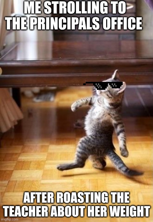 make us able to flip images imgflip |  ME STROLLING TO THE PRINCIPALS OFFICE; AFTER ROASTING THE TEACHER ABOUT HER WEIGHT | image tagged in memes,cool cat stroll | made w/ Imgflip meme maker