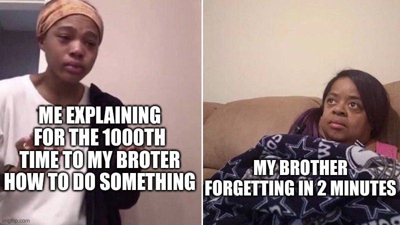 Me explaining to my mom | ME EXPLAINING FOR THE 1000TH TIME TO MY BROTER HOW TO DO SOMETHING; MY BROTHER FORGETTING IN 2 MINUTES | image tagged in me explaining to my mom | made w/ Imgflip meme maker