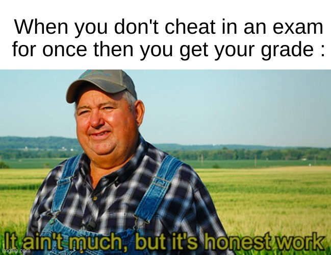 Don't cheat >:) | When you don't cheat in an exam for once then you get your grade : | image tagged in it ain't much but it's honest work | made w/ Imgflip meme maker