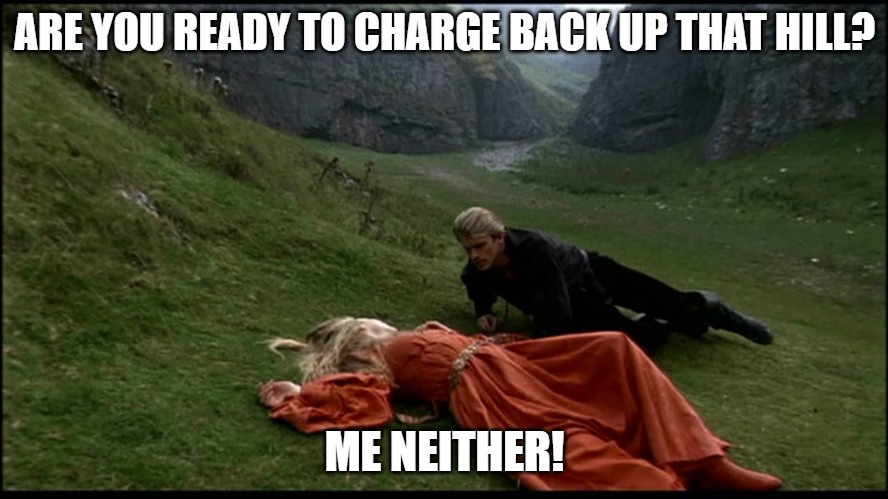 Princess Bride After roll down hill | ARE YOU READY TO CHARGE BACK UP THAT HILL? ME NEITHER! | image tagged in the princess bride | made w/ Imgflip meme maker