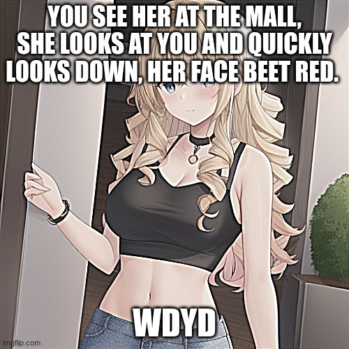Roleplay starter | YOU SEE HER AT THE MALL, SHE LOOKS AT YOU AND QUICKLY LOOKS DOWN, HER FACE BEET RED. WDYD | image tagged in roleplaying,mall,random bullshit go | made w/ Imgflip meme maker